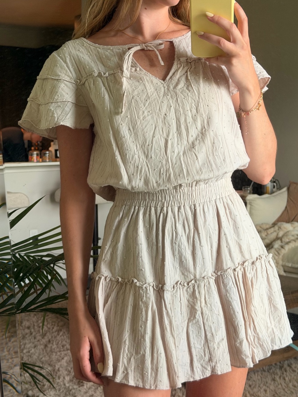 Light Cream Tiered Short Dress with Tie Neck